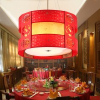 巨菱 中式客厅灯古典餐吊灯红色传统布艺餐厅饭店灯茶馆仿古羊皮